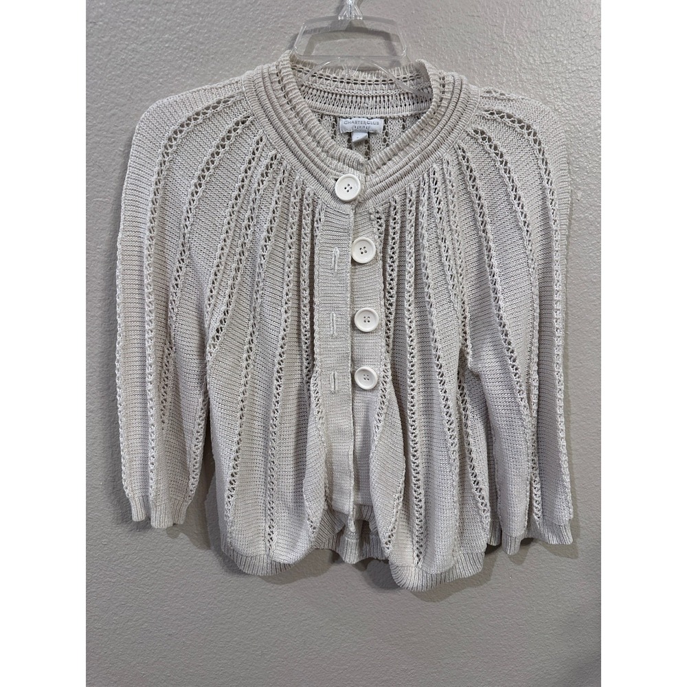 Charter Club Petite Beige Knit Button Front 3/4 Sleeve Cardigan Sweater